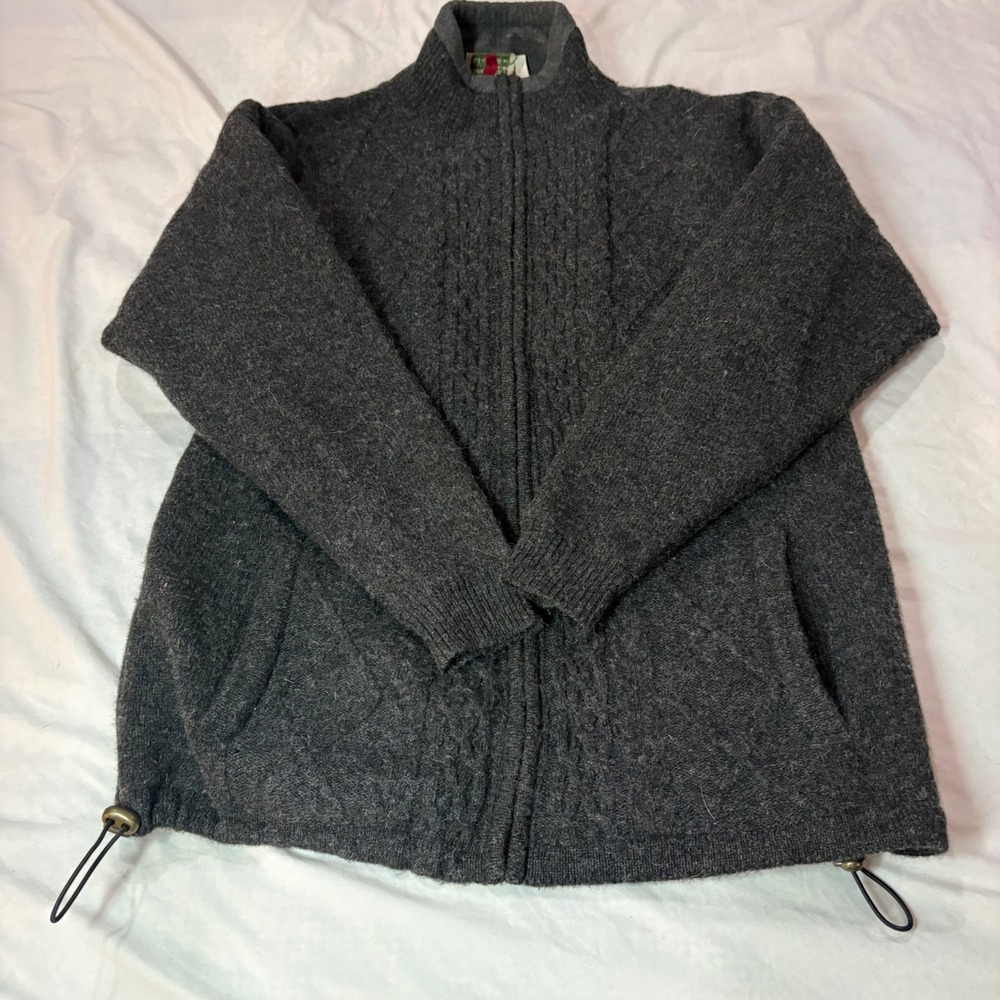 Carraig Donn Pure New Wool Full Zip Cable Knit Fleece Lined Sweater Gray Mens XL
